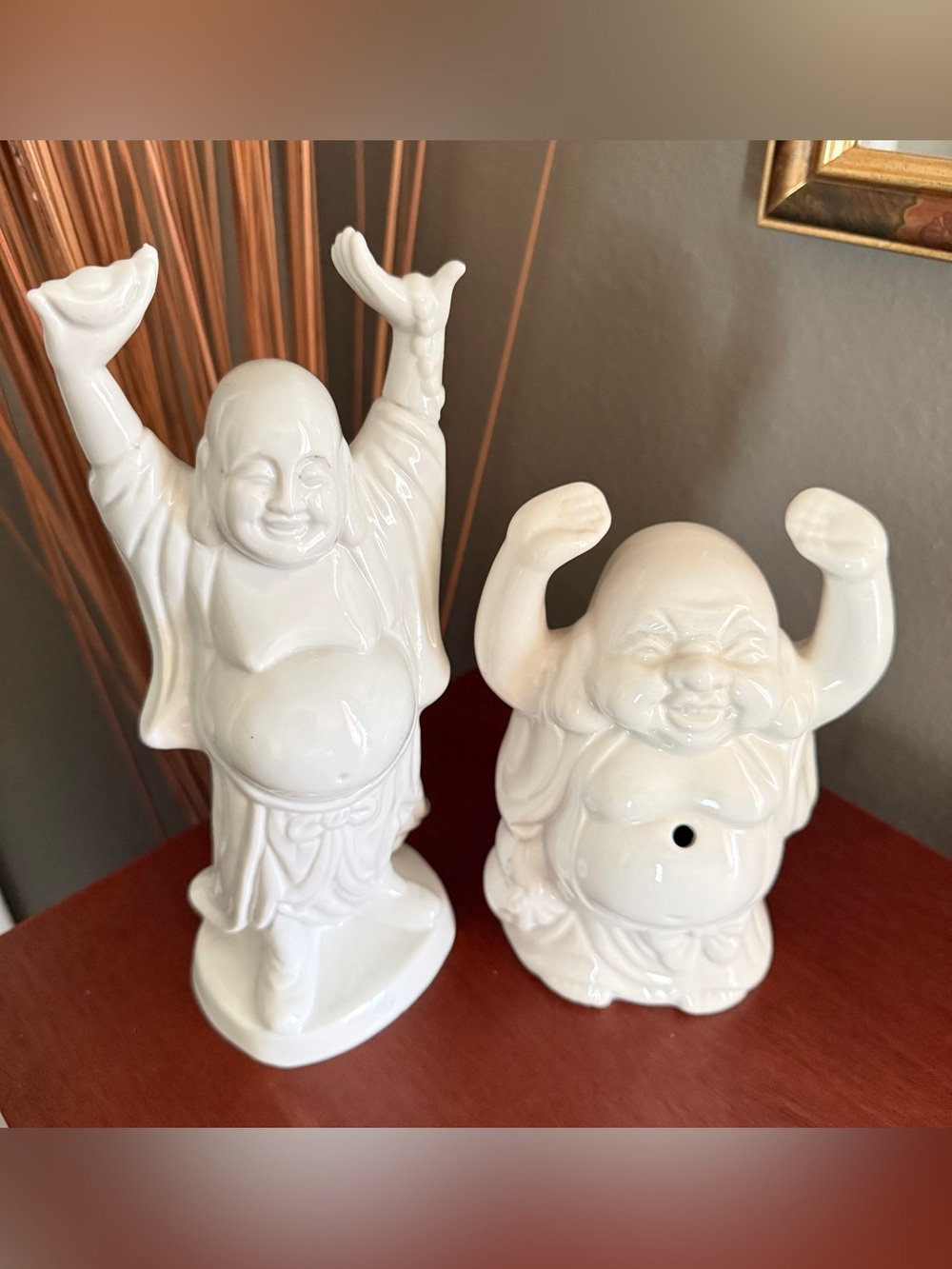 Pair of 2 Vintage Smiling Buddha Porcelain Chinese Religious Figures 9” & 7” H - Picture 8 of 10